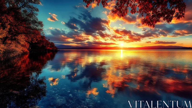 Digital painting sunset lake with mirrored chromatic sky composition.