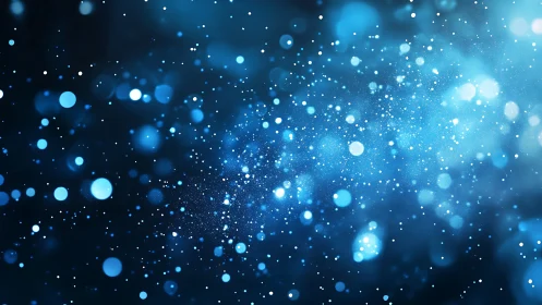 Blue particulate bokeh field with depth-varying luminous scatter.