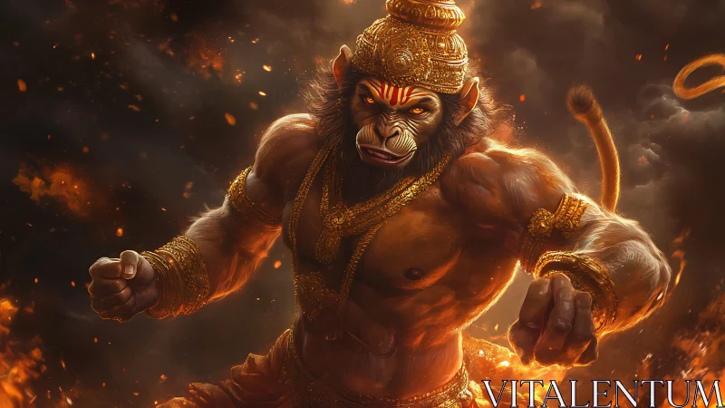 Hanuman charges through fire with divine power and fury