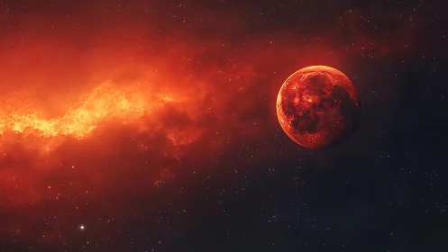 Glowing red planet drifting beside a blazing cosmic wave.