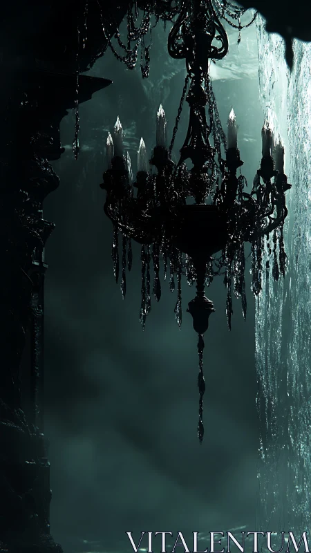 Gothic crystal chandelier in dim misted cavern scene.