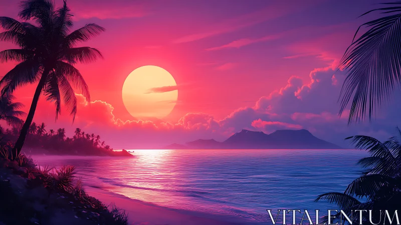 Neon-gradient tropical sunset seascape rendered as digital painting