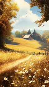 Sunlit daisy lane winding toward a sleepy golden farmhouse.