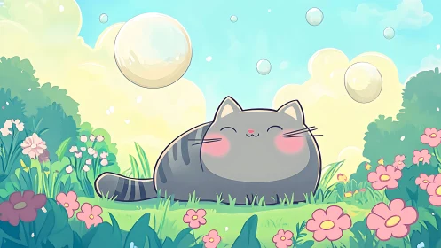 Chubby Gray Cat Loves a Magical Garden Full of Bubbles