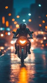 Lone motorcyclist cuts through neon city rain at night