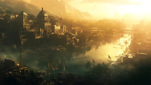 Sunlit river metropolis in monumental antiquity concept art.