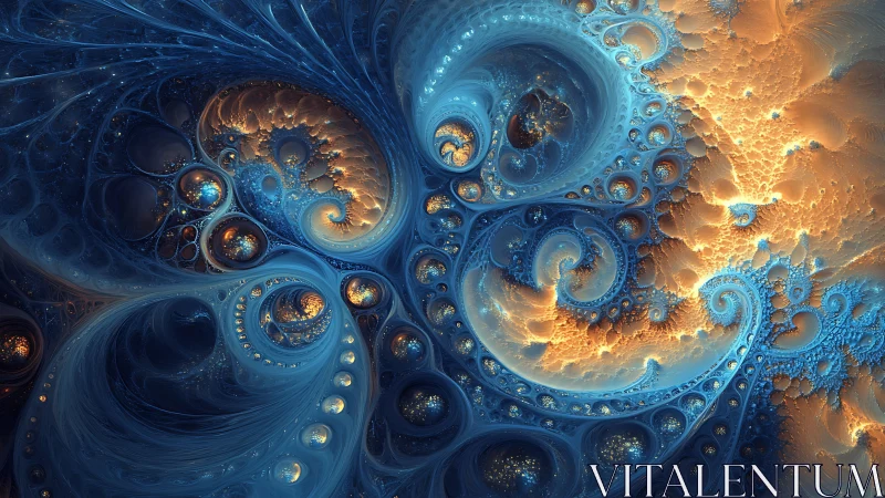 Fractal spiral structures form interlocking blue and gold fields