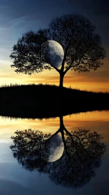 Moonlight nestles gently behind a calm lakeside tree