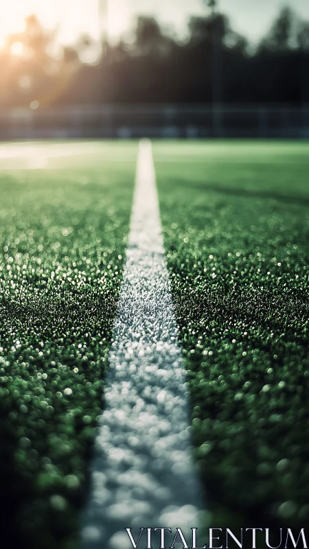 Sunlit sideline sparkles on dew-soaked turf horizon.
