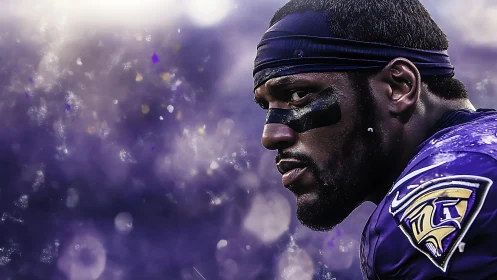 Gridiron defender locked in intense sideline focus.