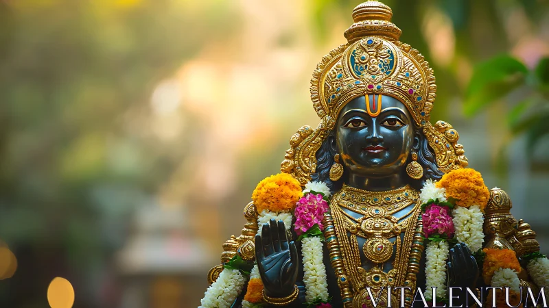 Golden temple deity framed by marigolds and soft morning light.