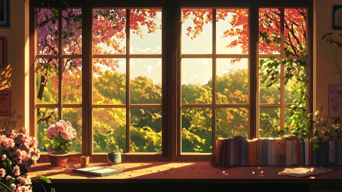 Sunlit studio window frames lush flowering treetop garden.