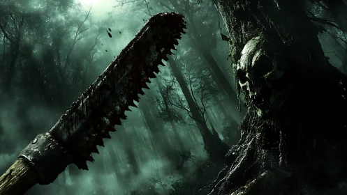 Chainsaw blade confronts skull fused with tree in dark forest