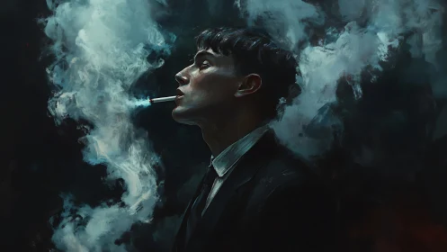 Moody portrait of a smoking man dissolving into swirling smoke