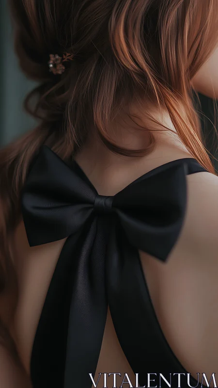 Silk black bow on bare back with soft auburn hair detail.