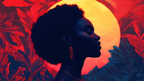 Chromatic silhouette before solar disc in botanical field.