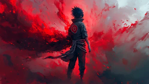 Solitary anime warrior amid red swirling energy field.