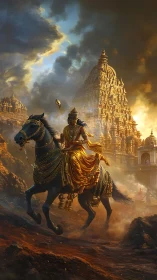 Warrior on black horse before towering golden temple at dusk.