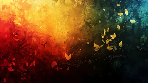 Floral gradient artwork with red, yellow, and teal tones.