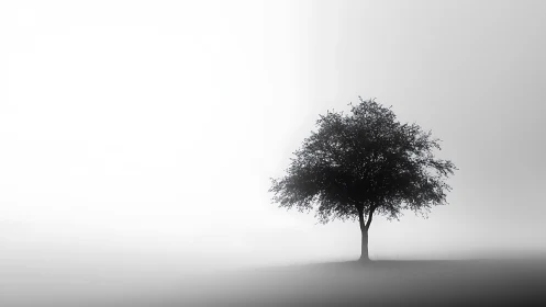 Solitary tree stands in misty grayscale open landscape.