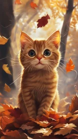 Autumn's Wonder: A Golden Kitten Among Falling Leaves.