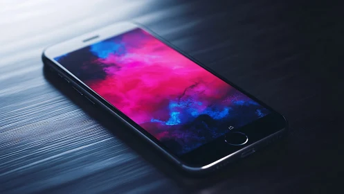 Gradient-rendered smartphone with chromatic fluid dynamics display.