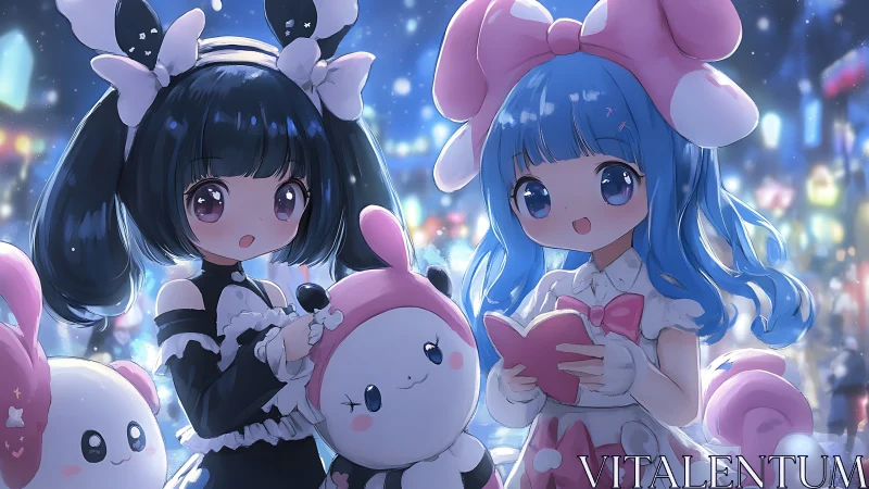 Kawaii girls share pastel plush magic under night lights.