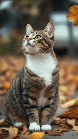 Tabby's Upward Gaze Captures Autumn's Fleeting Moment