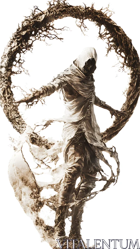 Shrouded wraith ascending through eroded arboreal ring.