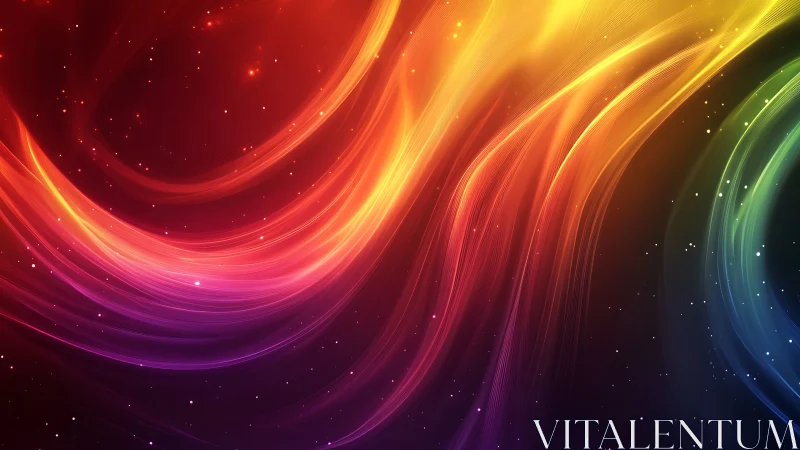 Curved multicolor light streaks on dark starry gradient background.