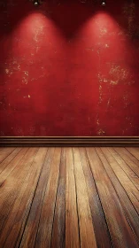 Textured red wall and planked wood floor under spotlights.