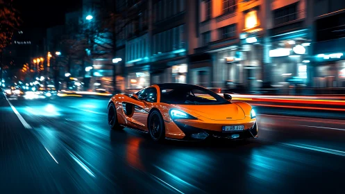 Orange supercar races through neon city streets at night