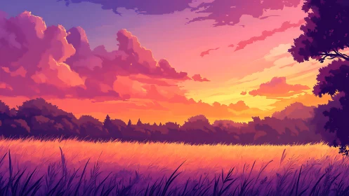 Lavender sunset meadow glowing under candy-cloud skies.