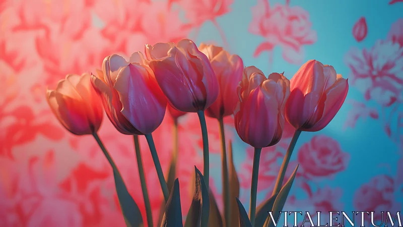 Tulips Backlit Against Gradient Sky and Blurred Garden