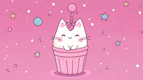 Kawaii white cat cupcake illustration with pink candy orbit