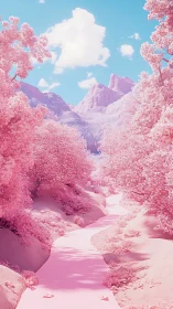 Pastel pink valley path under bright cyan sky.