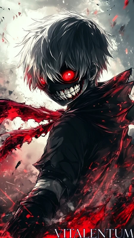 Red eyed masked anime figure in swirling crimson energy.