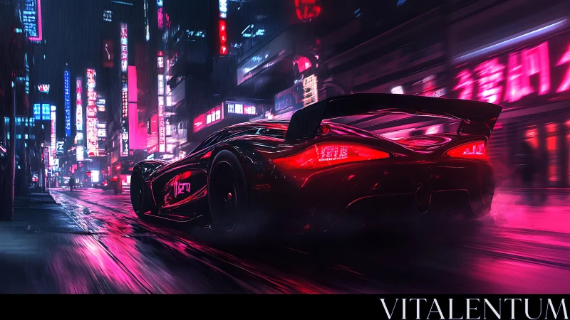 Ultra-low angle cyberpunk hypercar accelerates through neon rain