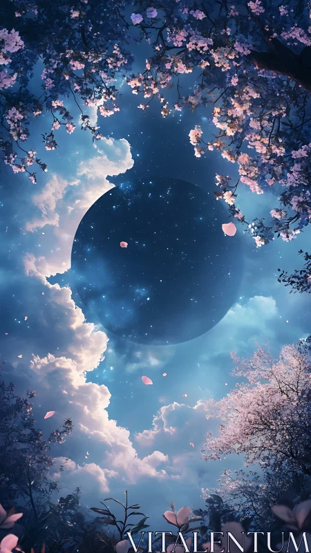 Celestial eclipse framed by luminous cherry blossoms at dusk