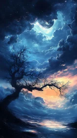 Nocturnal shoreline with twisted tree and layered clouds.