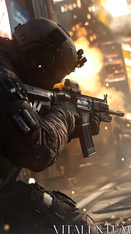 Tactical soldier aims rifle in burning urban combat zone.