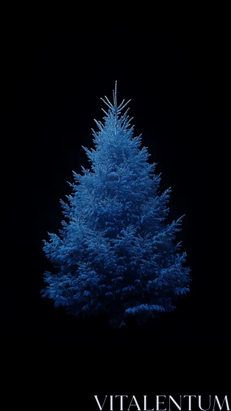 Lone blue fir tree glows softly against deep black night
