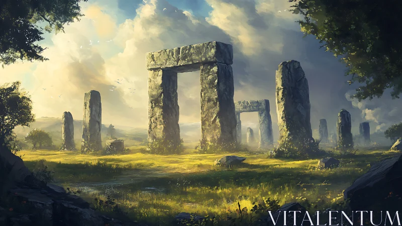 Sunlit stone circle where ancient pillars greet daybreak.