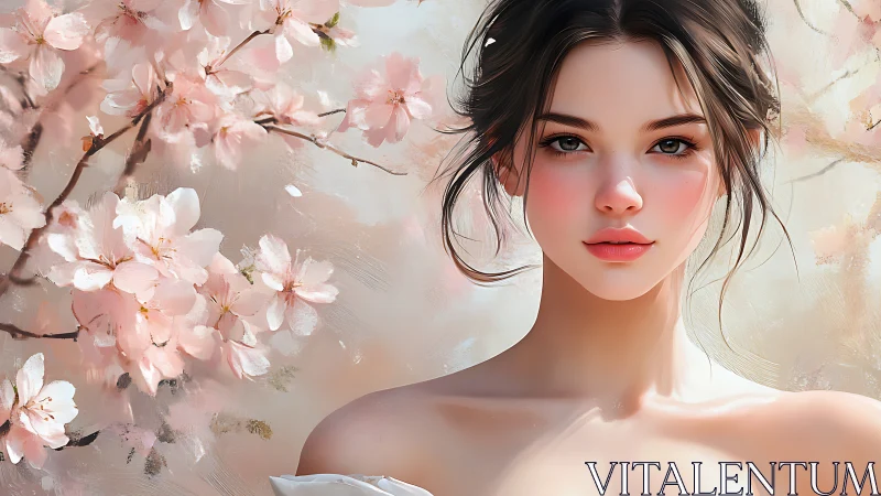 Young woman with cherry blossoms framed in soft focus