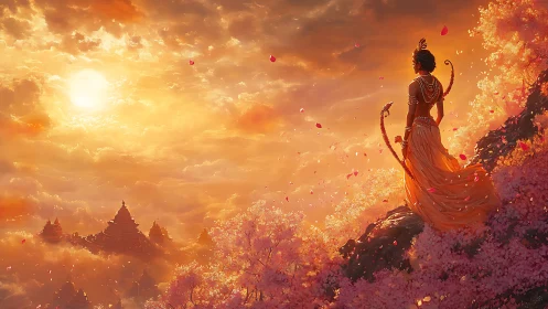 Sunlit deity over cherry valley and distant cloud temples.