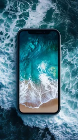 Smartphone screen mirrors aerial turquoise ocean surf