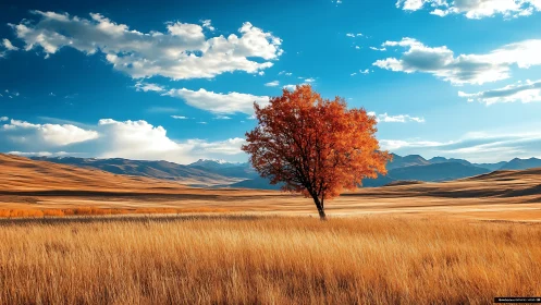 Lone autumn tree in golden field under bright blue sky.