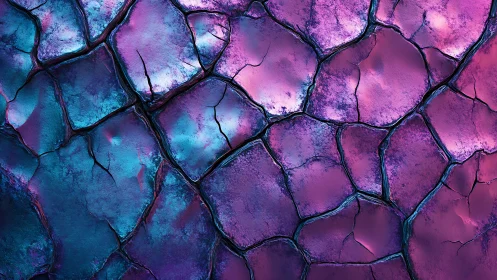 Cracked Abstract Surface with Vibrant Blue and Purple Lighting.