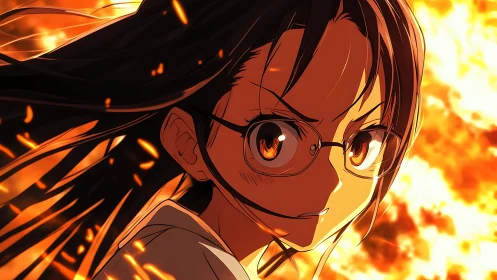 Girl with glasses stands before roaring inferno background