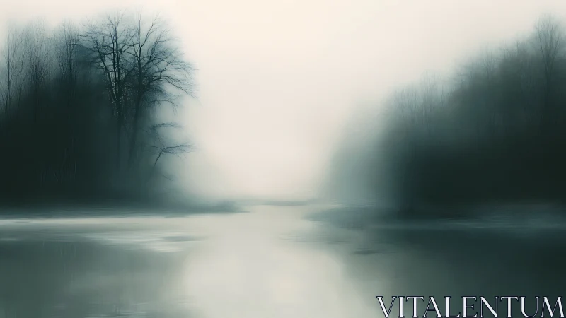 Foggy river bend with bare winter trees in soft light.